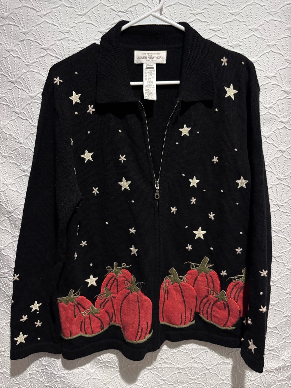 Jones New York Sport Hand Embroidered Pumpkin Star Zip Sweater XL Halloween Fall